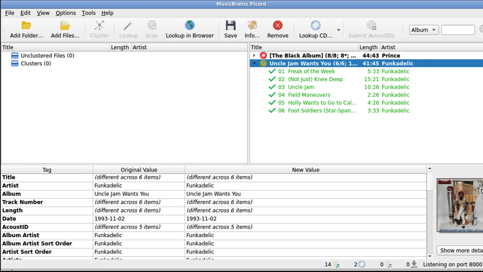 MusicBrainz Picard hiển thị khả năng tự động nhận diện và áp dụng metadata cho các album nhạc.