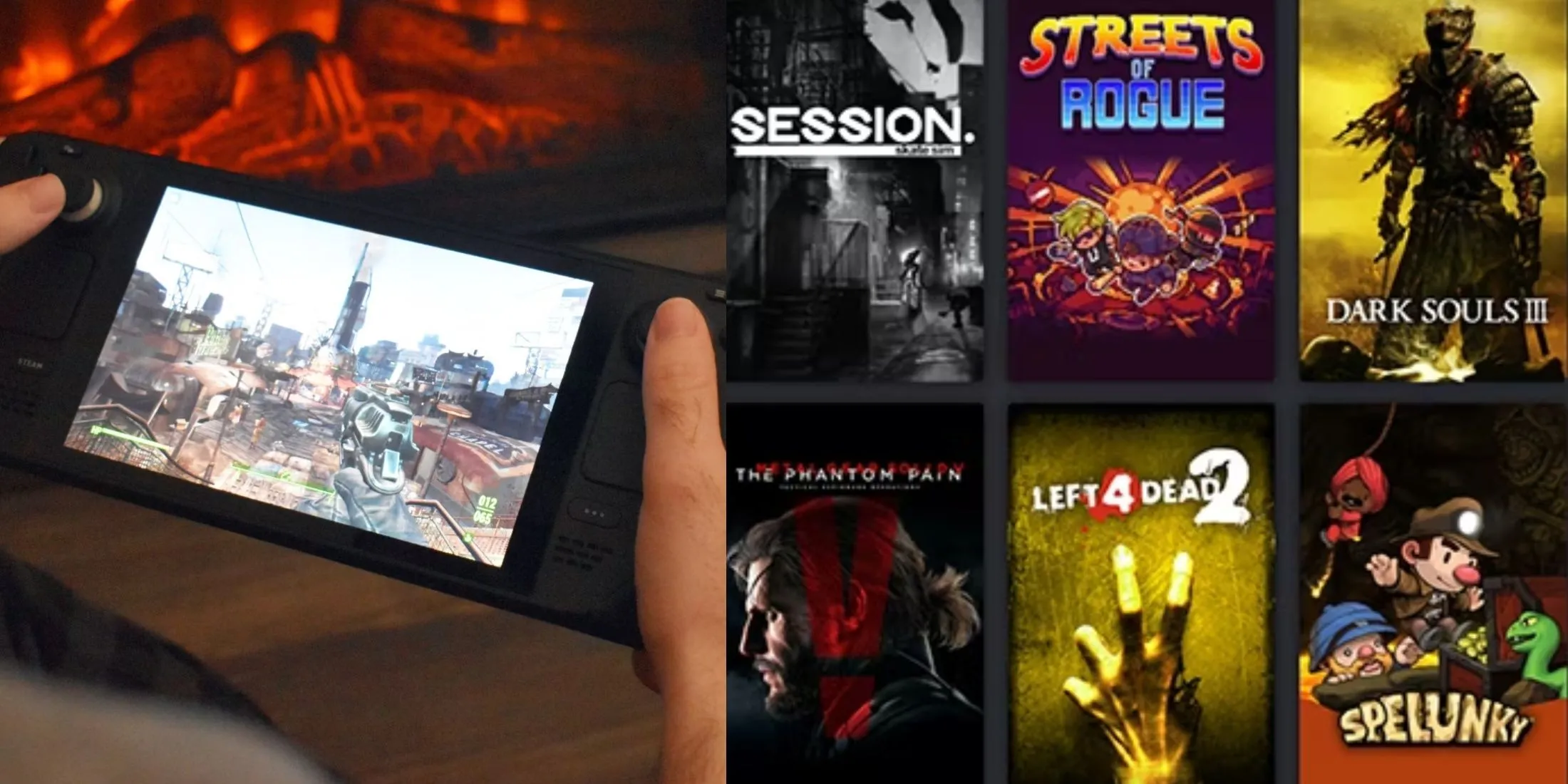 Người chơi đang trải nghiệm Steam Deck cạnh thư viện game Steam đã tải sẵn, chuẩn bị game cho chuyến đi