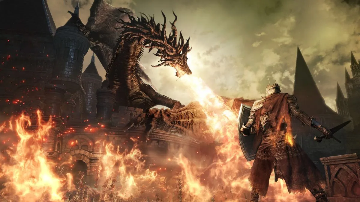 Người chơi Dark Souls 3 với nhân vật độc đáo chiến đấu với rồng, thể hiện sự tương phản giữa vẻ ngoài nhân vật và không khí game nghiêm túc.
