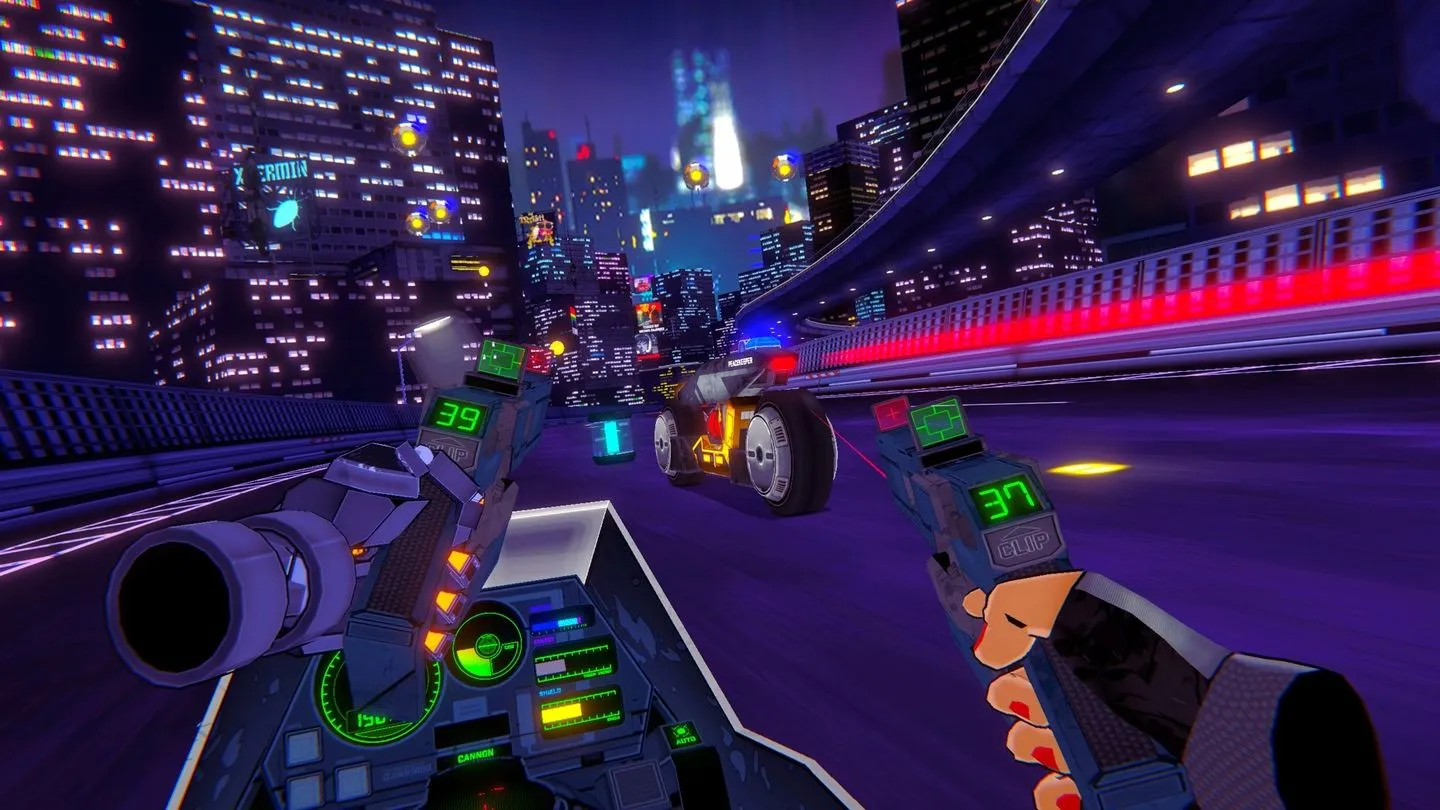 Người chơi điều khiển xe máy bay trong môi trường cyberpunk, bắn súng vào đối thủ trong game VR RUNNER đầy kịch tính.