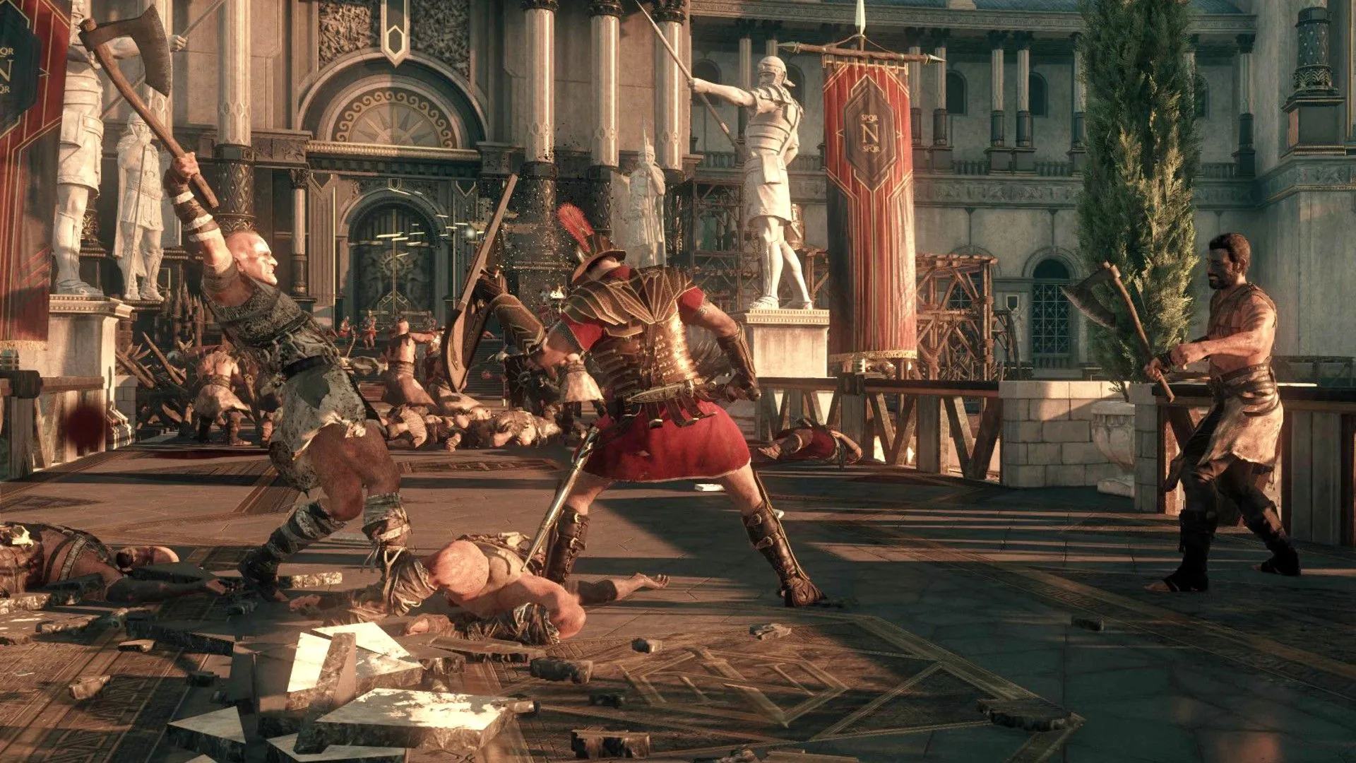Người chơi đỡ đòn tấn công trong phân cảnh cận chiến đầy kịch tính của game Ryse Son of Rome, thể hiện đồ họa ấn tượng về binh lính La Mã.
