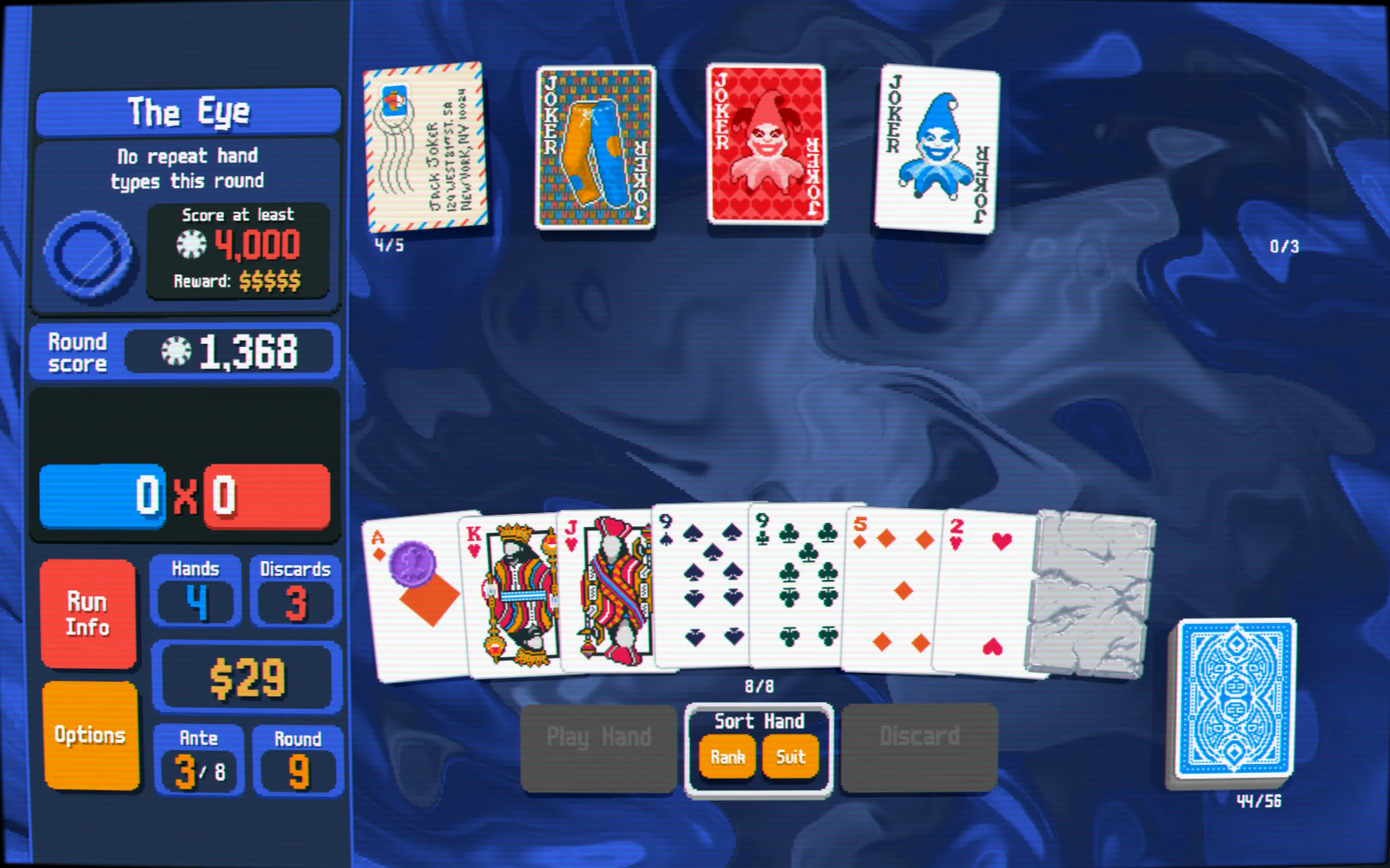 Người chơi đối đầu với trùm Eye, một trong những thử thách cuối cùng trong game Balatro.