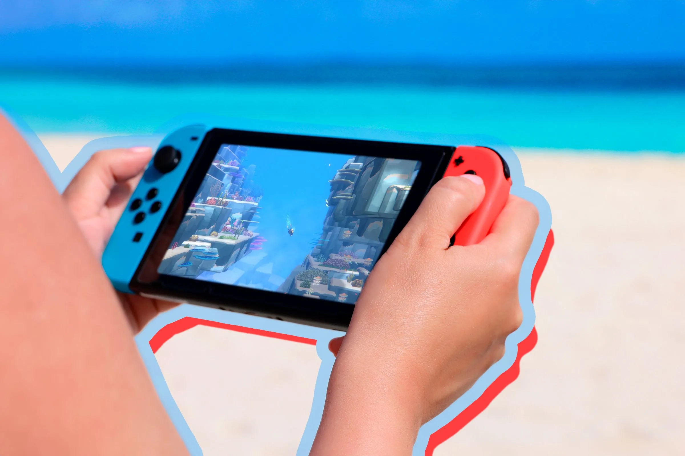 Người chơi tận hưởng game trên Nintendo Switch tại bãi biển, minh họa tính di động và trải nghiệm chơi game.