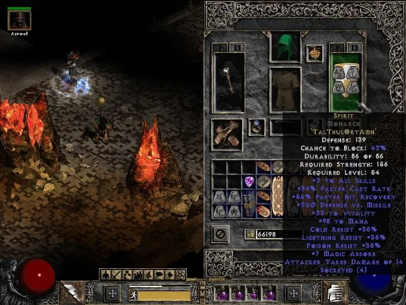 Người chơi tương tác với hệ thống vật phẩm và runes trong Diablo II, minh họa khả năng tùy biến đa dạng.