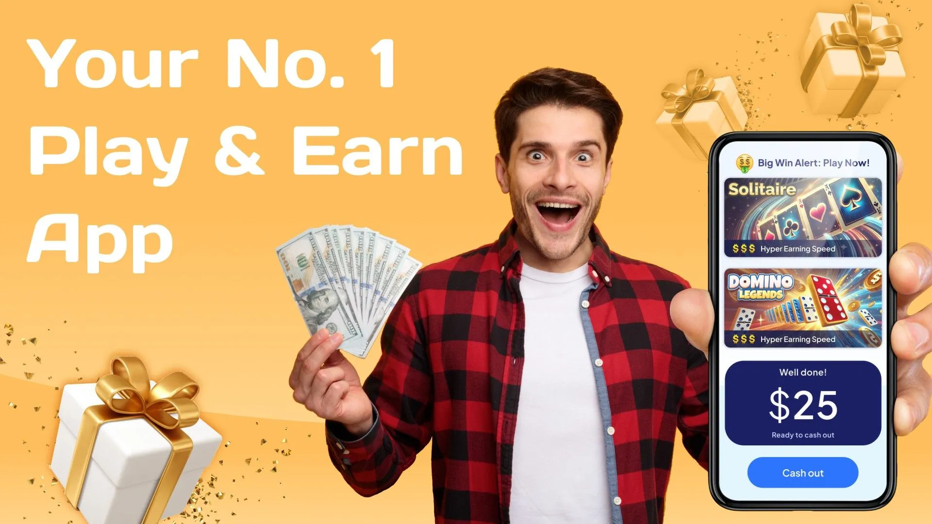 Người đàn ông cầm điện thoại hiển thị ứng dụng Bestplay đã thắng 25 đô la