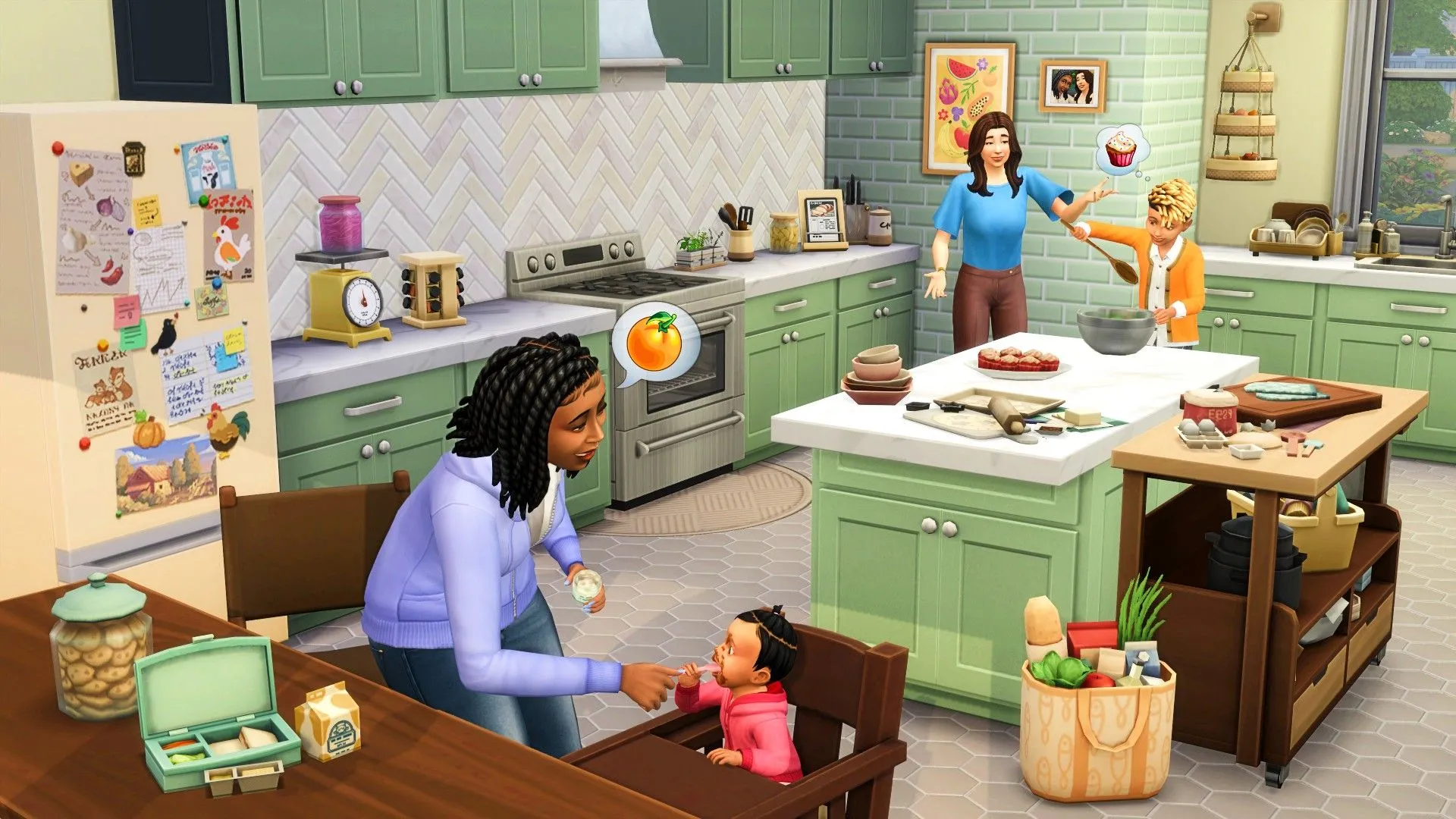 Người mẹ đang chăm sóc các con trong The Sims 4