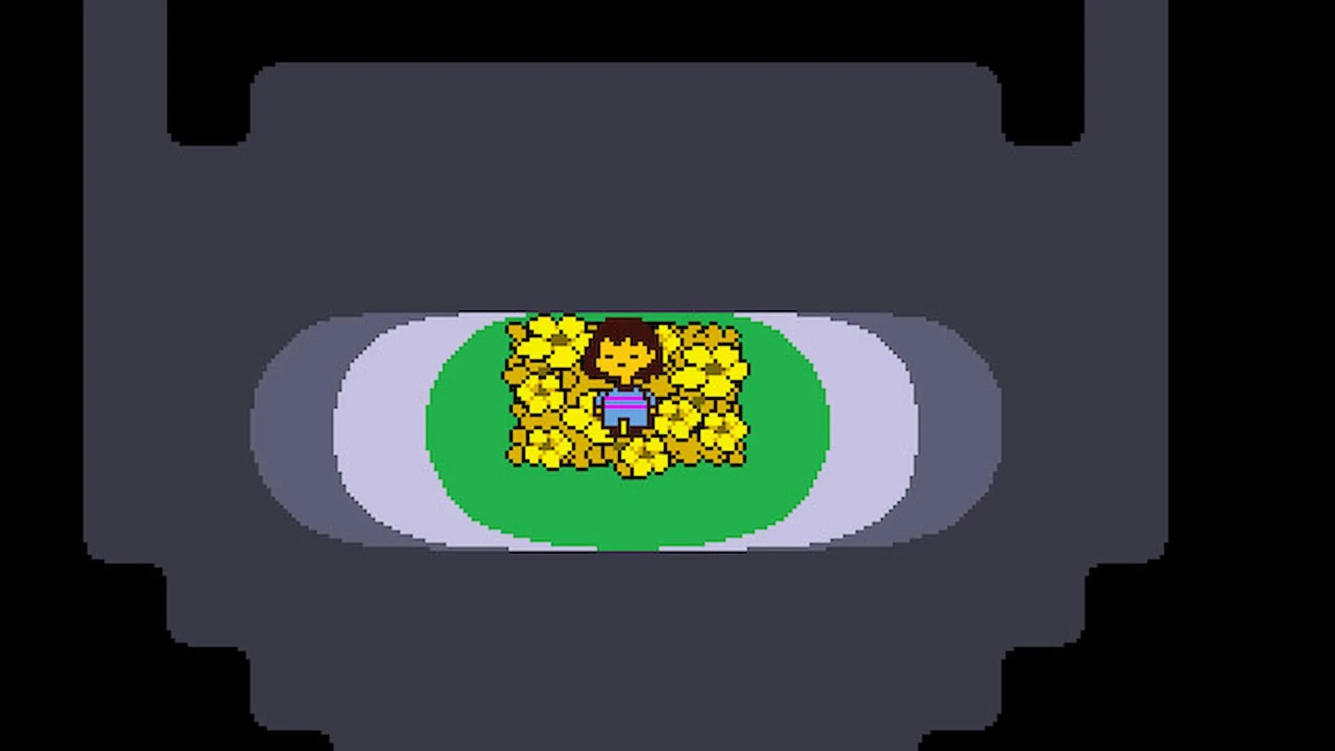 Nhân vật chính của Undertale ngồi giữa những bông hoa, gợi lên sự ngây thơ đối lập với các lựa chọn đạo đức khó khăn trong game.