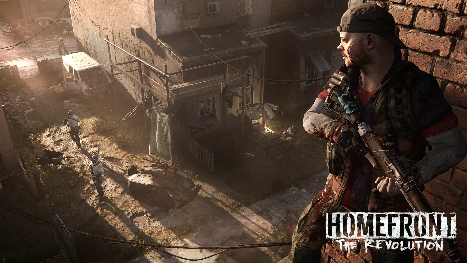 Nhân vật chính Ethan Brady của Homefront: The Revolution đang cầm súng, sẵn sàng chiến đấu trong bối cảnh cuộc kháng chiến chống lại quân đội Triều Tiên.