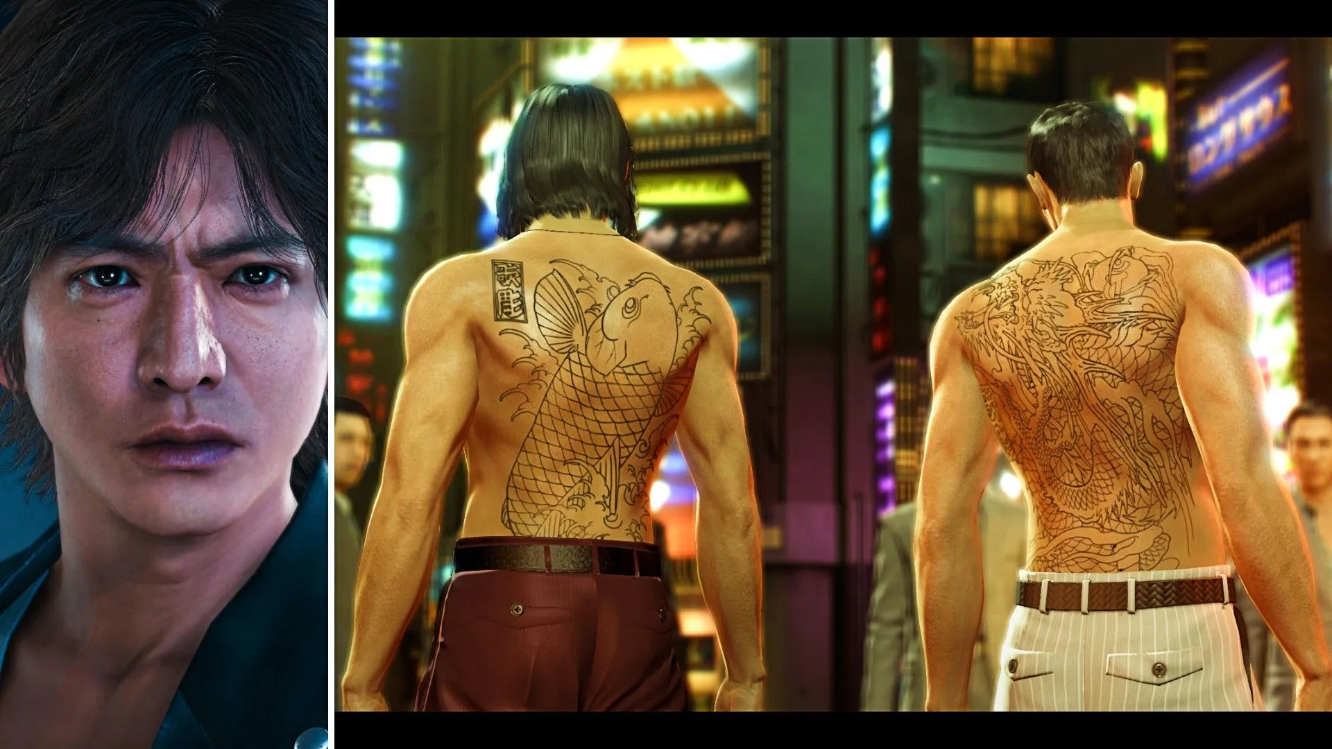 Nhân vật chính từ Judgment bên cạnh hai nhân vật chính từ Yakuza 0, cho thấy sự tương đồng về bối cảnh và phong cách giữa hai series.