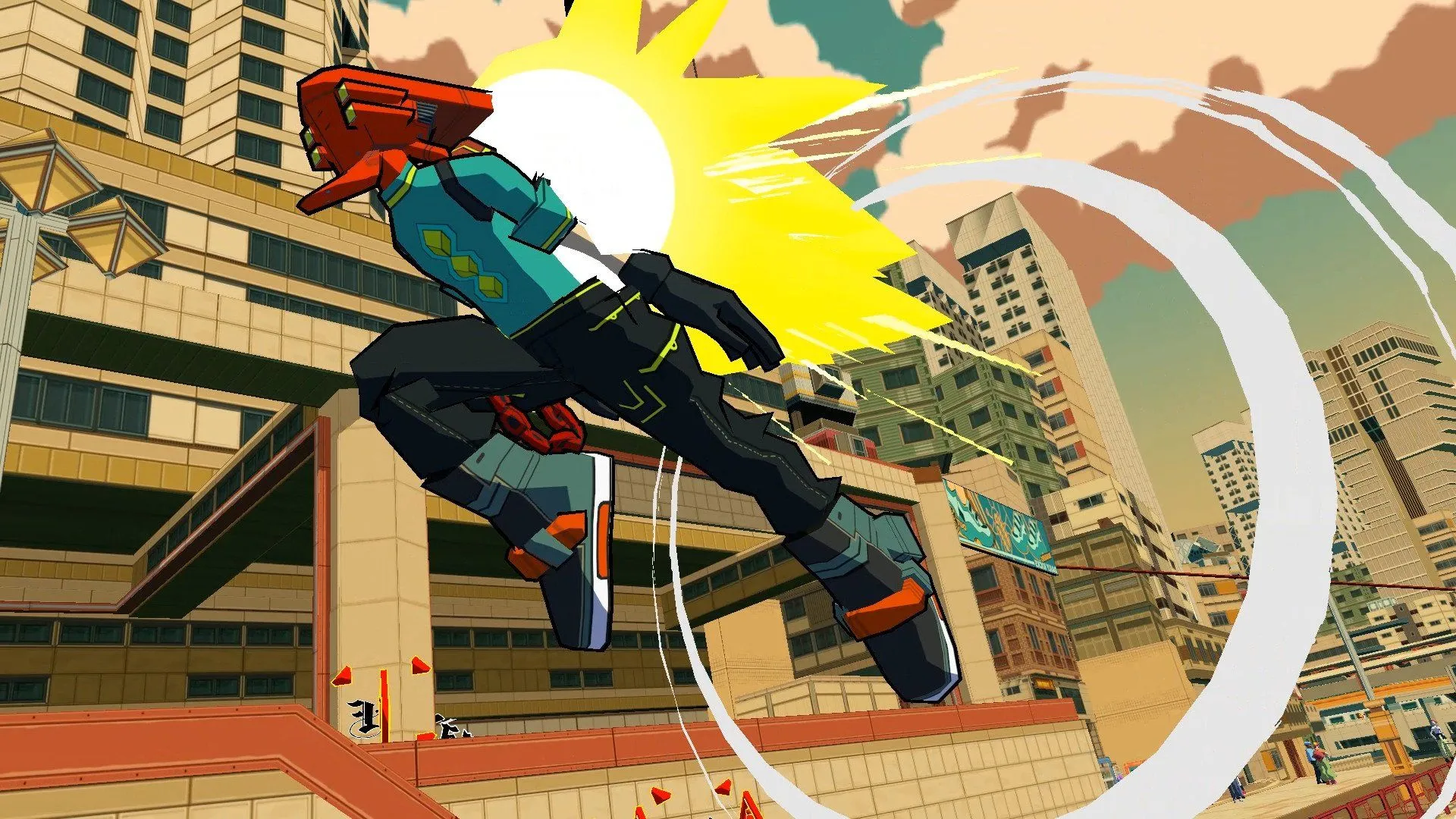 Nhân vật Red từ Bomb Rush Cyberfunk, một game kế nhiệm tinh thần thành công của series Jet Set Radio, nổi bật với phong cách đồ họa cel-shaded và gameplay trượt ván.
