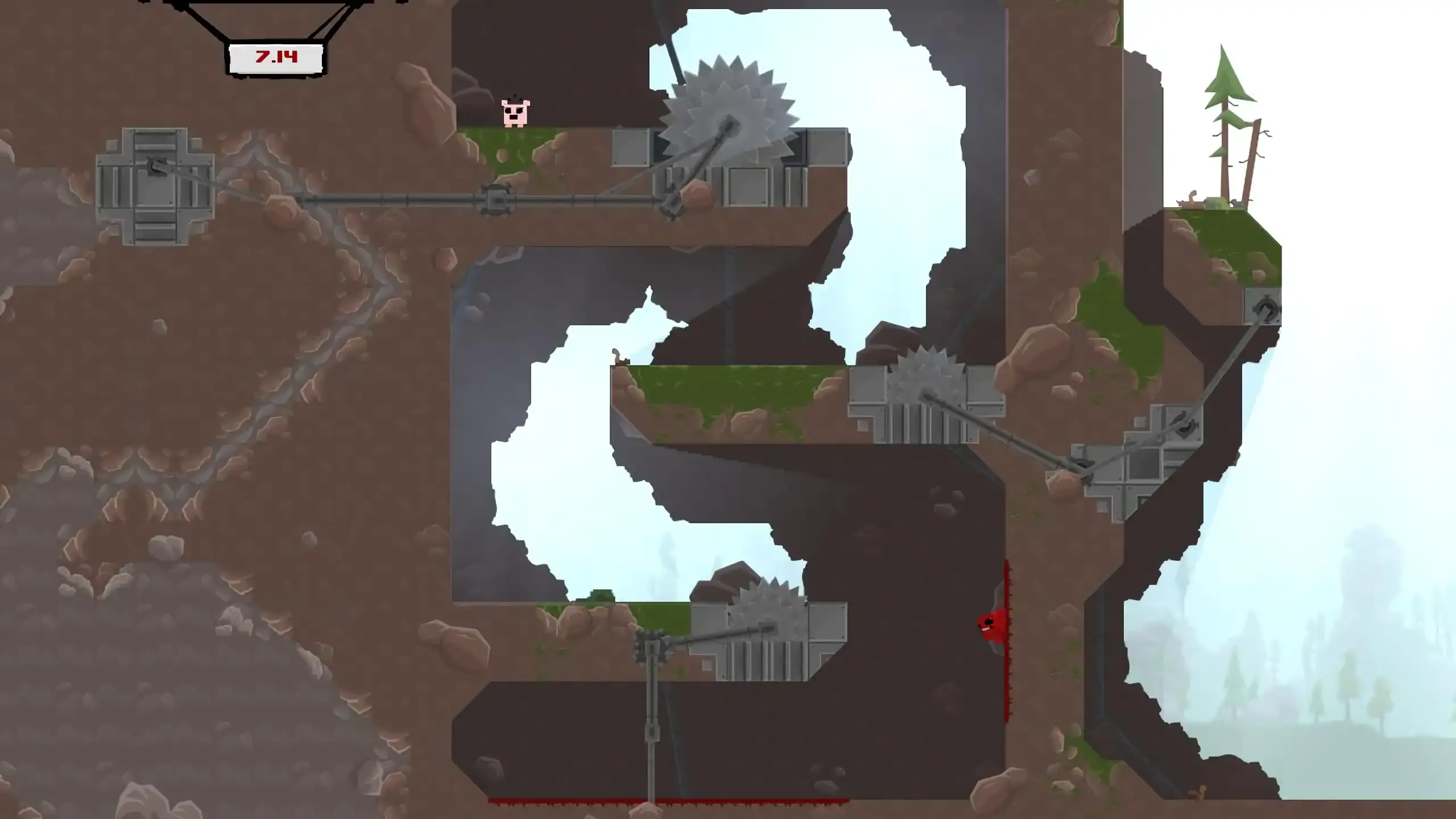 Nhân vật Super Meat Boy hình khối thịt đỏ trượt tường né lưỡi cưa sắc bén