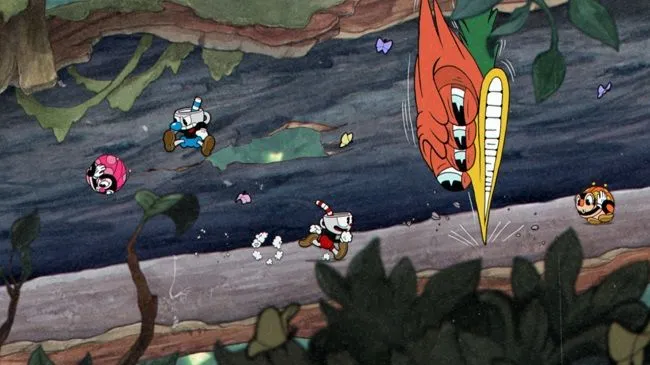 Nhân vật trong game Cuphead đang đối đầu với một con trùm đầy thử thách, minh họa gameplay bullet hell