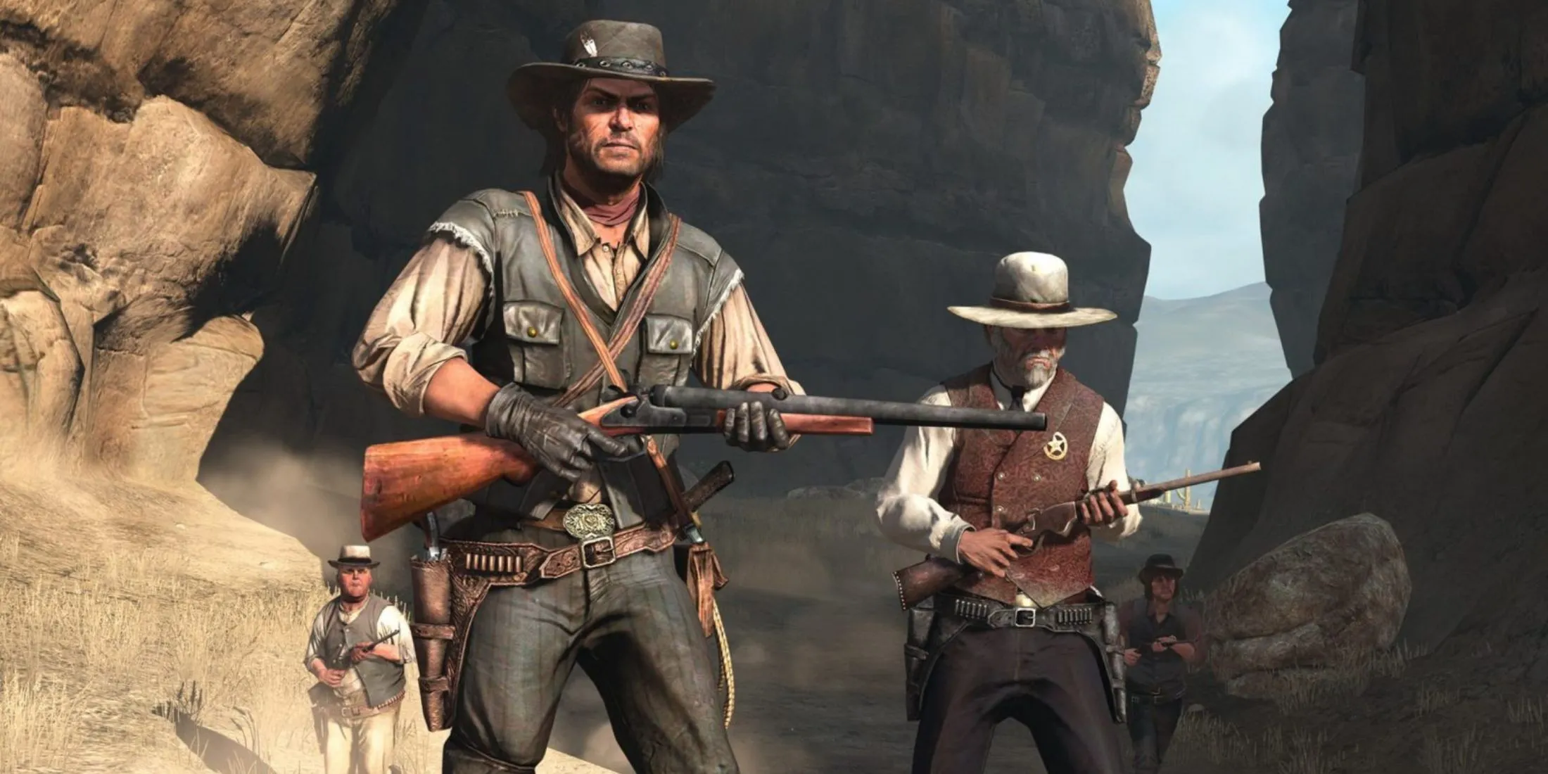 Nhiều hình ảnh khác nhau từ Red Dead Redemption, bao gồm John Marston và các cảnh quan miền Tây, đại diện cho game thế giới mở nổi tiếng.