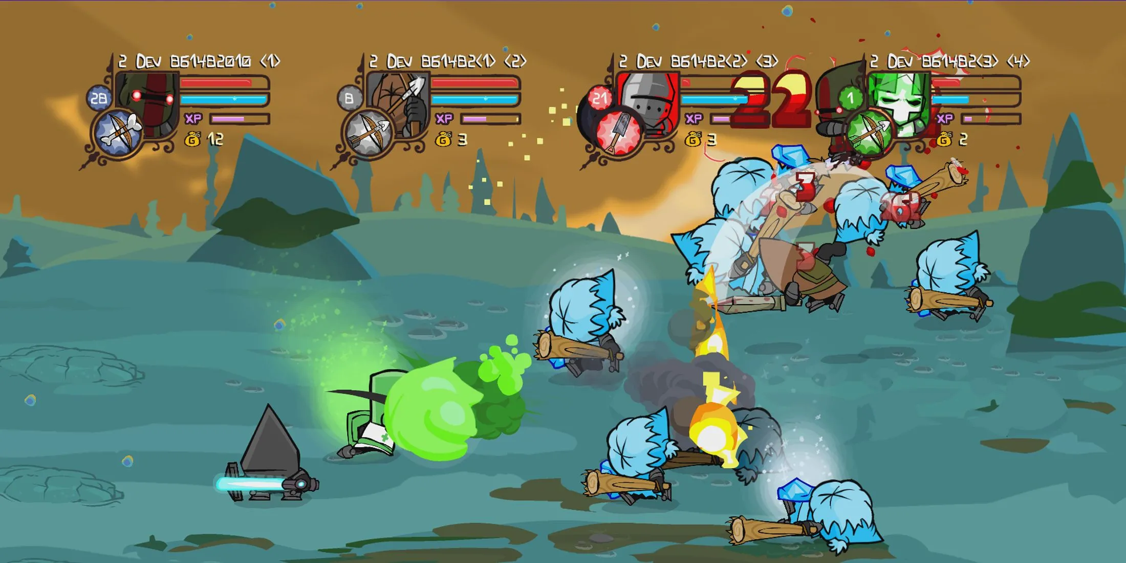 Những hiệp sĩ cùng nhau chiến đấu trong Castle Crashers Remastered, một Brawler RPG vui nhộn