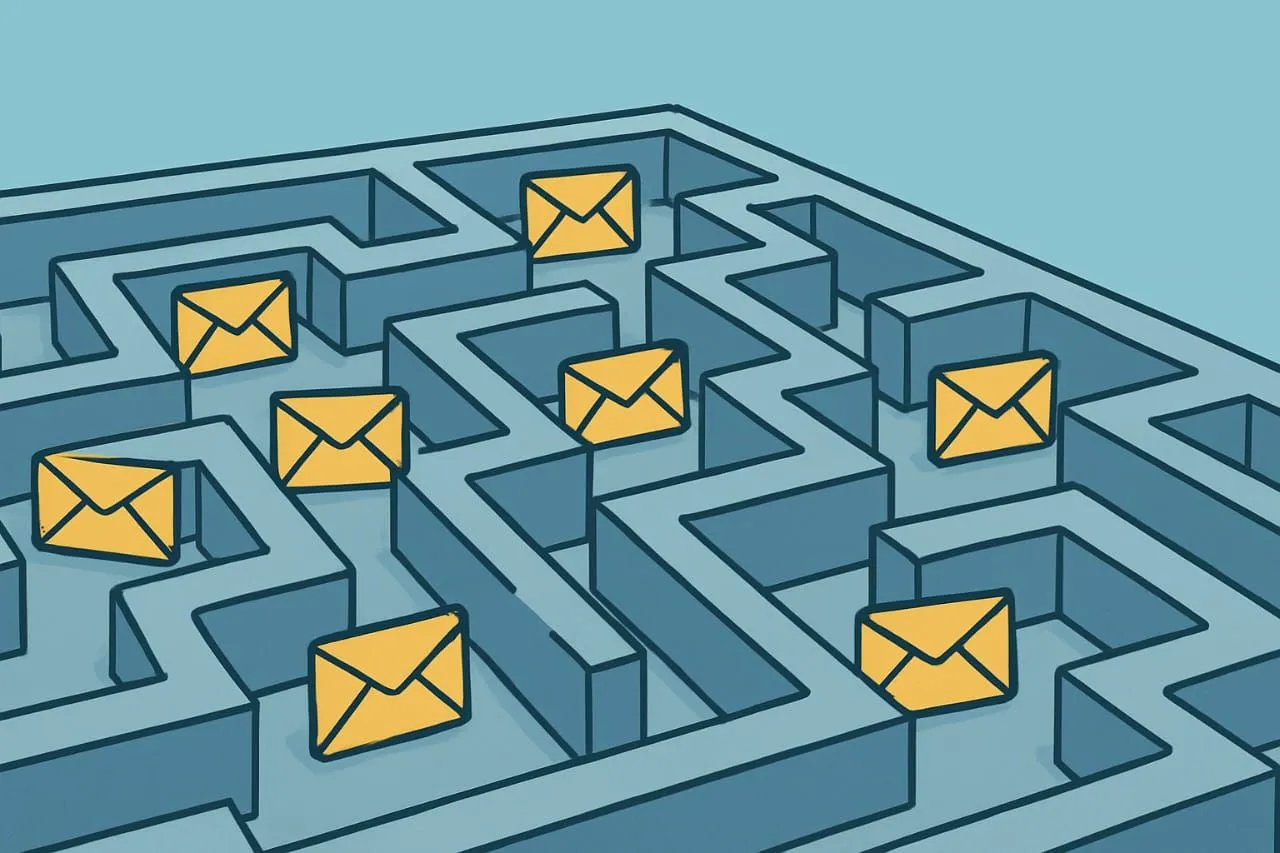 Những phong bì email lạc lối trong mê cung, nhấn mạnh sự khó khăn khi không có thông báo đã đọc.