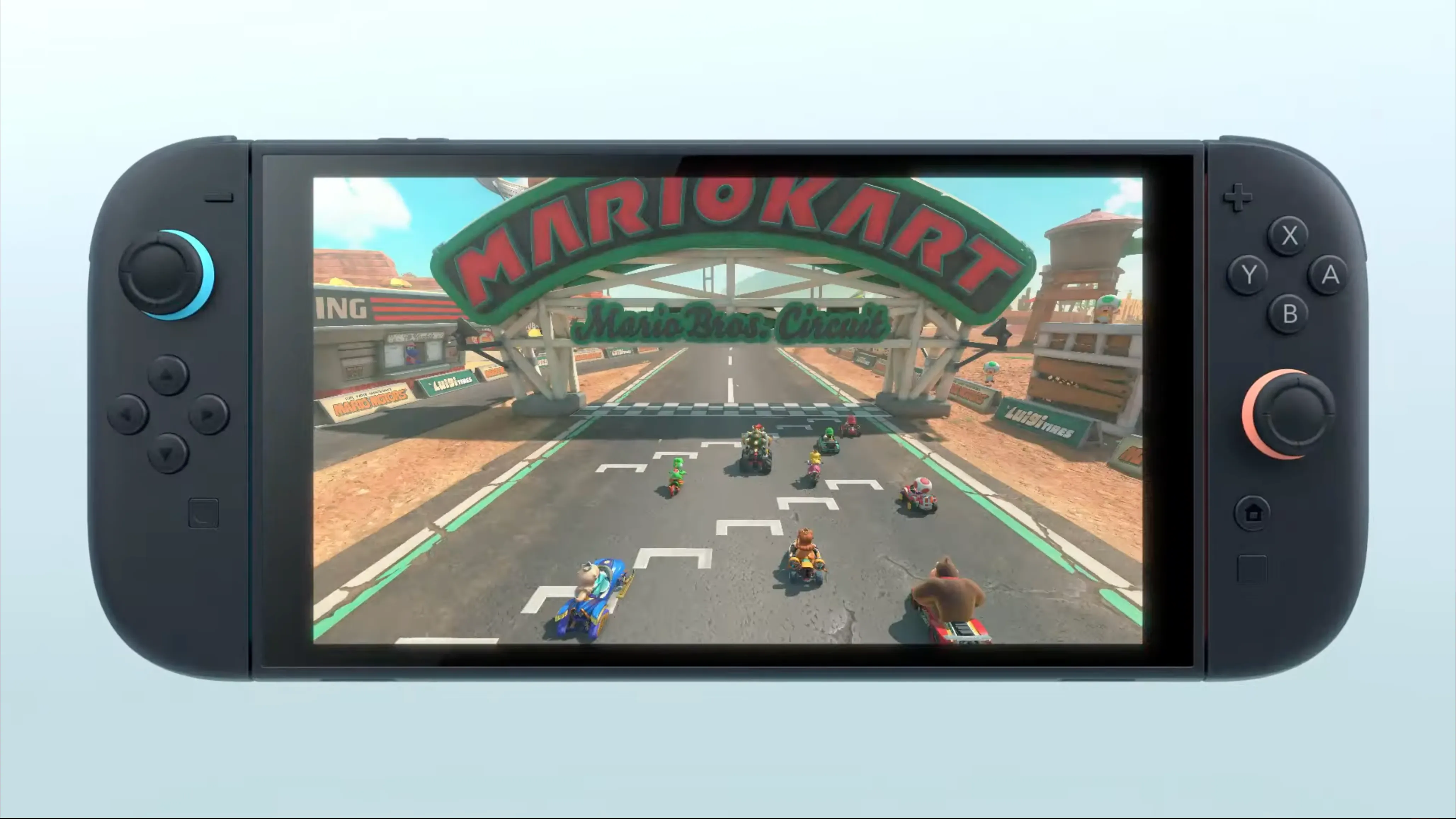 Nintendo Switch 2 với game Mario Kart hiển thị trên màn hình