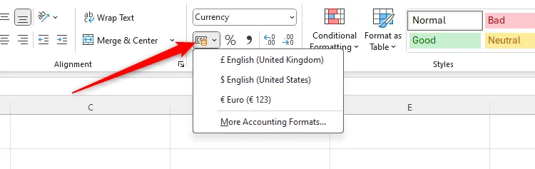 Nút Accounting trong nhóm Number trên tab Home của Excel để áp dụng định dạng kế toán nhanh chóng