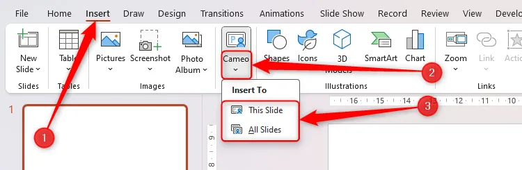 Nút 'Cameo' trong PowerPoint được chọn, hiển thị tùy chọn chèn nguồn cấp camera lên trang chiếu hiện tại hoặc tất cả các trang chiếu.