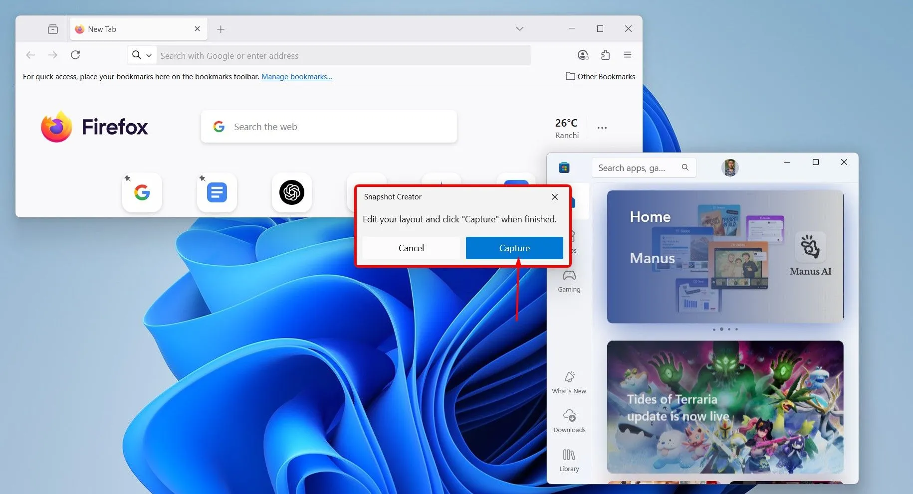 Nút 'Capture' trong giao diện tạo Workspaces của Microsoft PowerToys