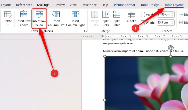 Nút Chèn Hàng Bên Dưới (Insert Row Below) trong tab Bố cục Bảng (Table Layout) của Microsoft Word