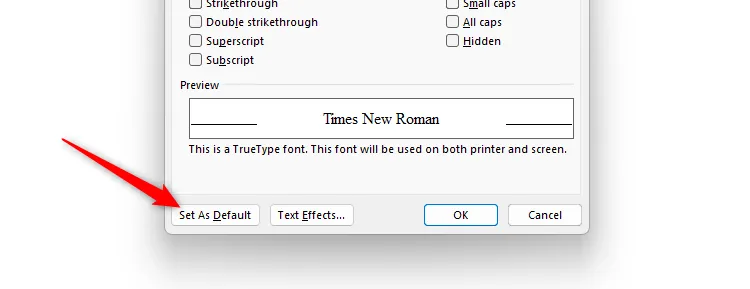 Nút Đặt làm Mặc định (Set As Default) trong hộp thoại Font của Word để lưu cài đặt phông chữ.