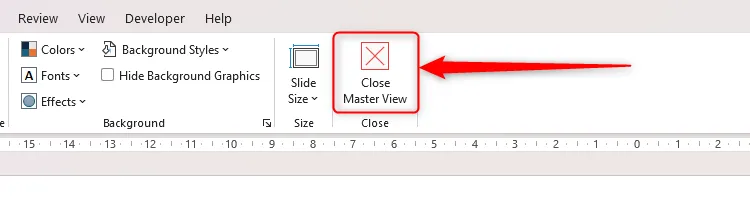 Nút Đóng chế độ xem bản cái (Close Master View) để thoát khỏi màn hình chỉnh sửa Slide Master trong PowerPoint.
