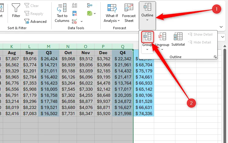 Nút Group trong menu Outline của tab Dữ liệu trên thanh Ribbon của Excel.