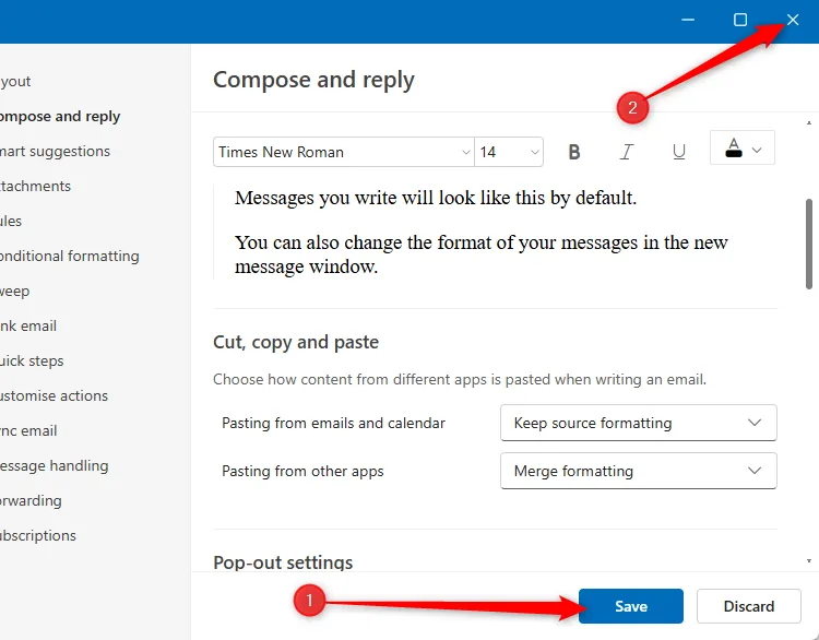 Nút Lưu (Save) cài đặt phông chữ trong cửa sổ Cài đặt Outlook mới và biểu tượng đóng cửa sổ.