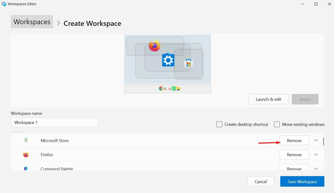 Nút 'Remove' bên cạnh một ứng dụng trong trình chỉnh sửa Workspace của Microsoft PowerToys