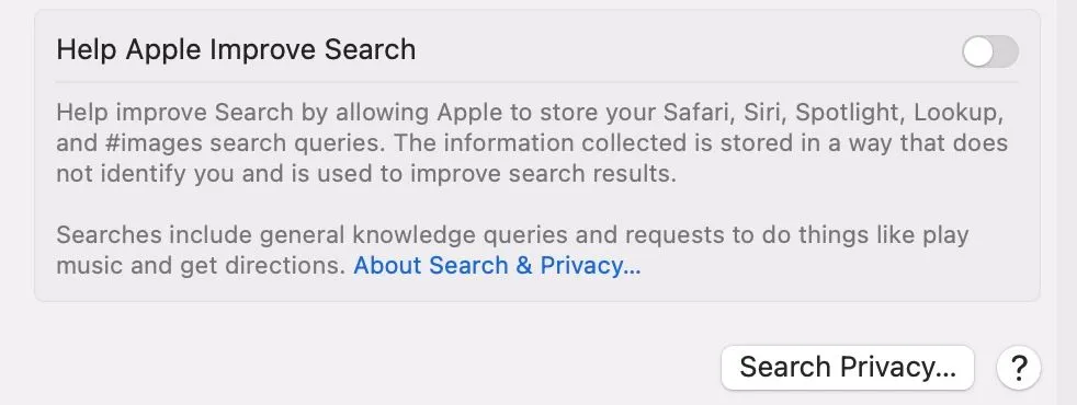 Nút &quot;Search Privacy&quot; (Quyền riêng tư tìm kiếm) trong phần cài đặt Spotlight của ứng dụng Cài đặt Hệ thống trên macOS, giúp loại trừ thư mục khỏi Spotlight.