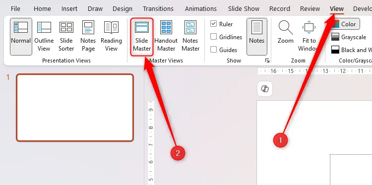 Nút Trang chiếu cái (Slide Master) trong tab Xem (View) của PowerPoint, dùng để tùy chỉnh mẫu trình bày.