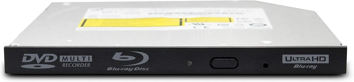 Ổ đĩa Blu-ray mỏng HLDS BU40N không vỏ, thể hiện khả năng đọc ghi đĩa và hỗ trợ 4K UHD cho máy tính.