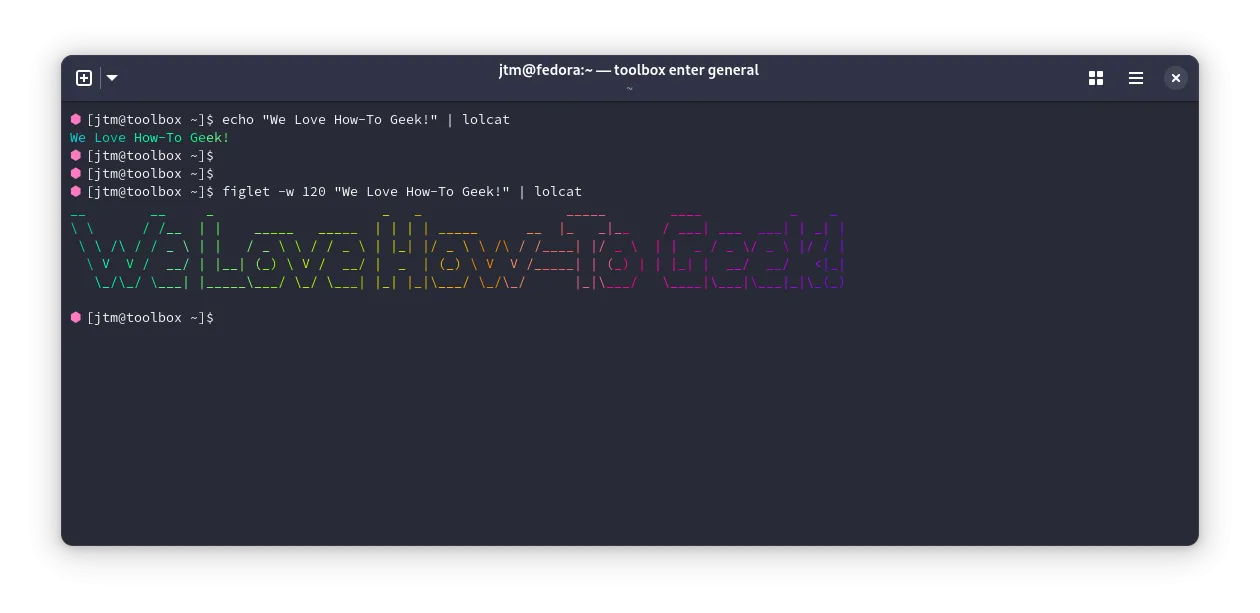 Output của lệnh lolcat in dòng chữ &quot;We Love How-To Geek&quot; với hiệu ứng màu cầu vồng trong terminal Linux.