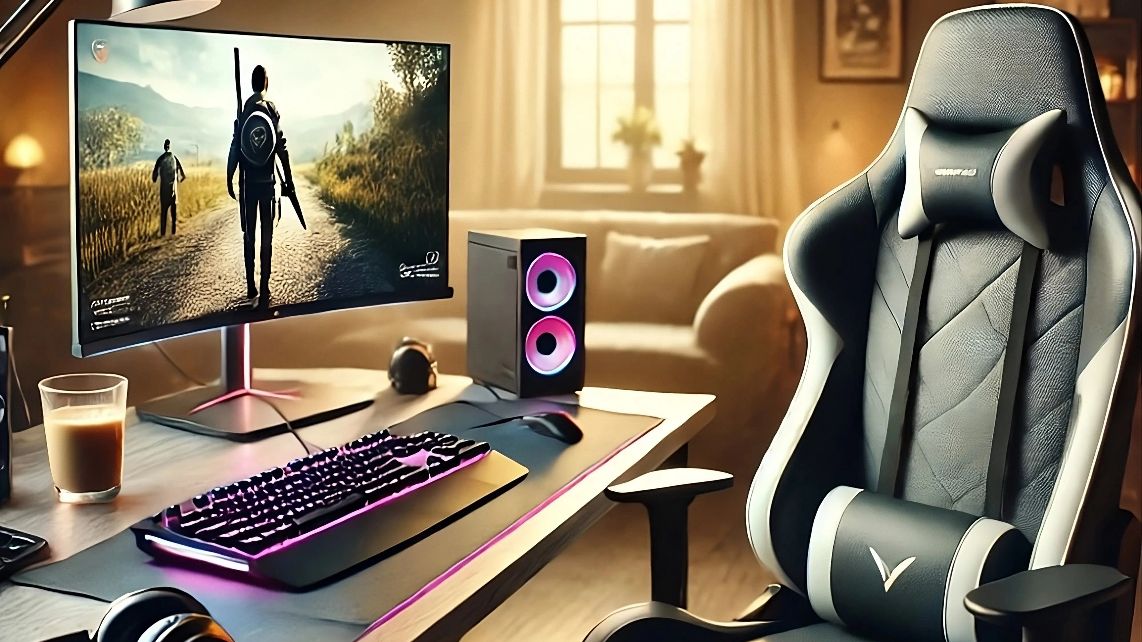 PC gaming và ghế với cốc cà phê trên bàn, ánh nắng mặt trời buổi sáng ở hậu cảnh