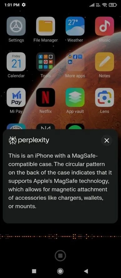 Perplexity AI hiển thị mô tả chi tiết về vật thể được camera nhận diện.