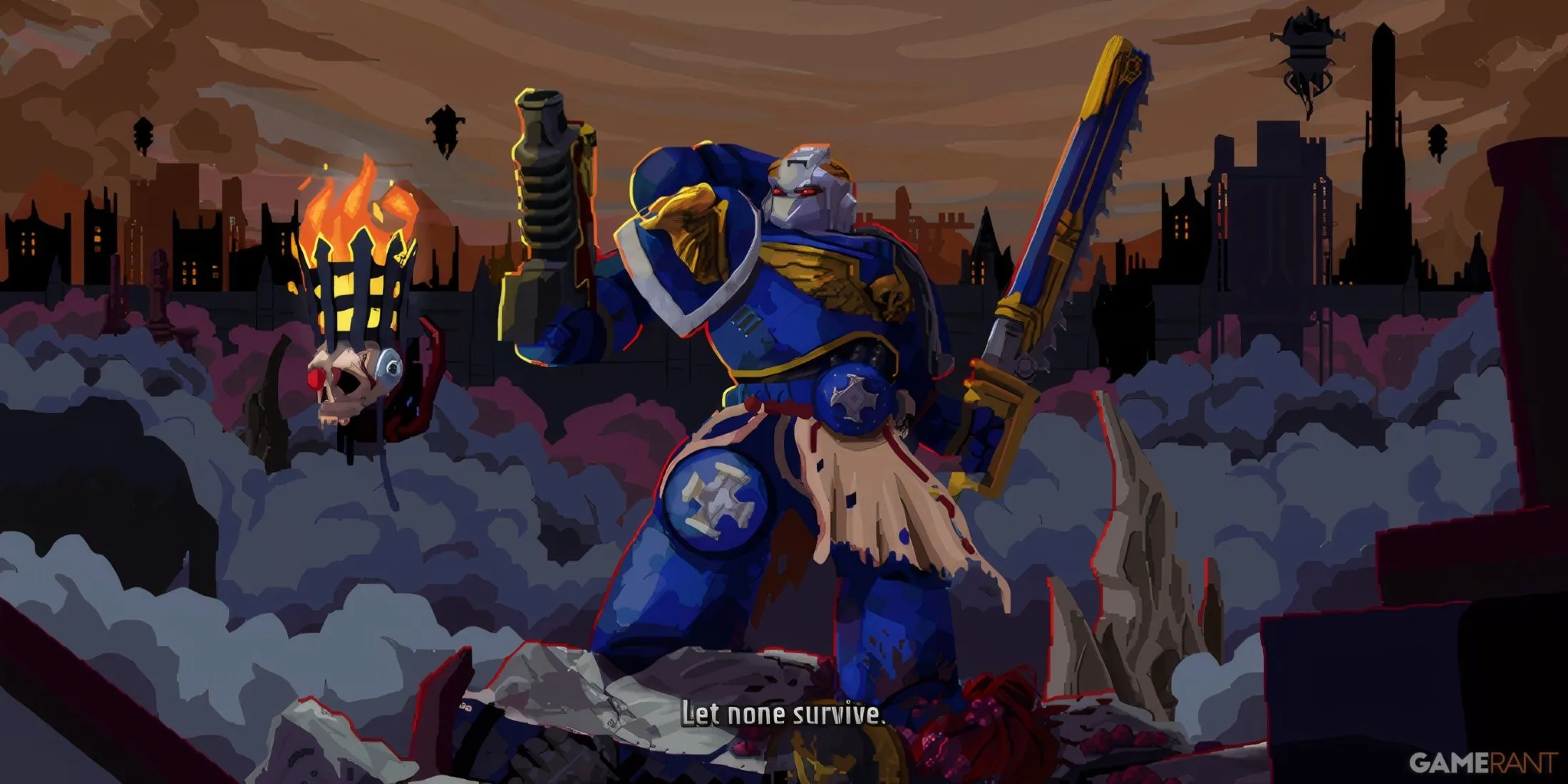 Phân đoạn gameplay đầy hành động trong Warhammer 40,000: Boltgun, thể hiện giao diện gõ phím để tấn công