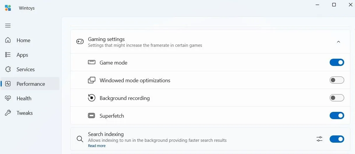 Phần Gaming Settings (Cài đặt chơi game) của Wintoys với các tùy chọn như chế độ trò chơi và tối ưu hóa chế độ cửa sổ.