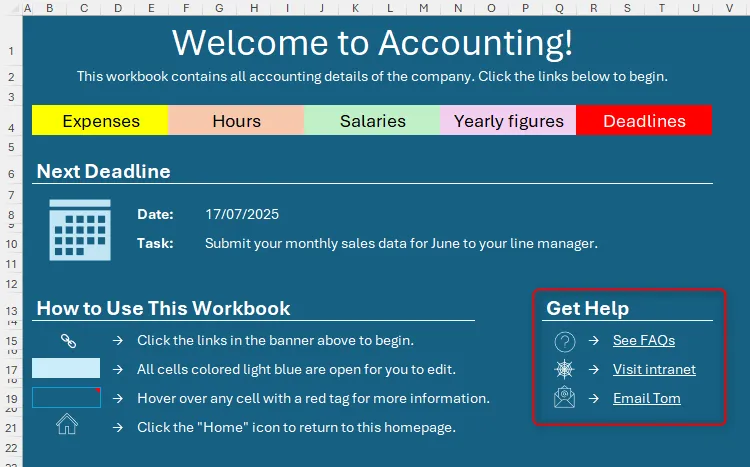 Phần 'Nhận Trợ Giúp' trên trang chủ Excel, cung cấp các tùy chọn liên hệ và liên kết hỗ trợ.