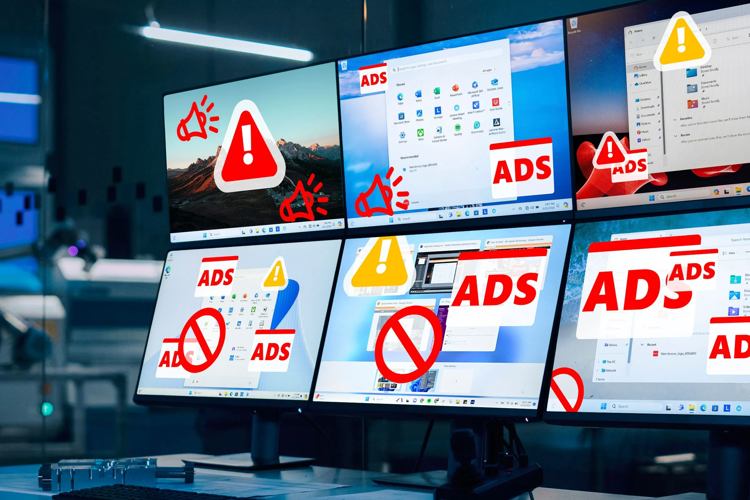 Phòng điều khiển với nhiều màn hình Windows 11 hiển thị quảng cáo gây phiền nhiễu.