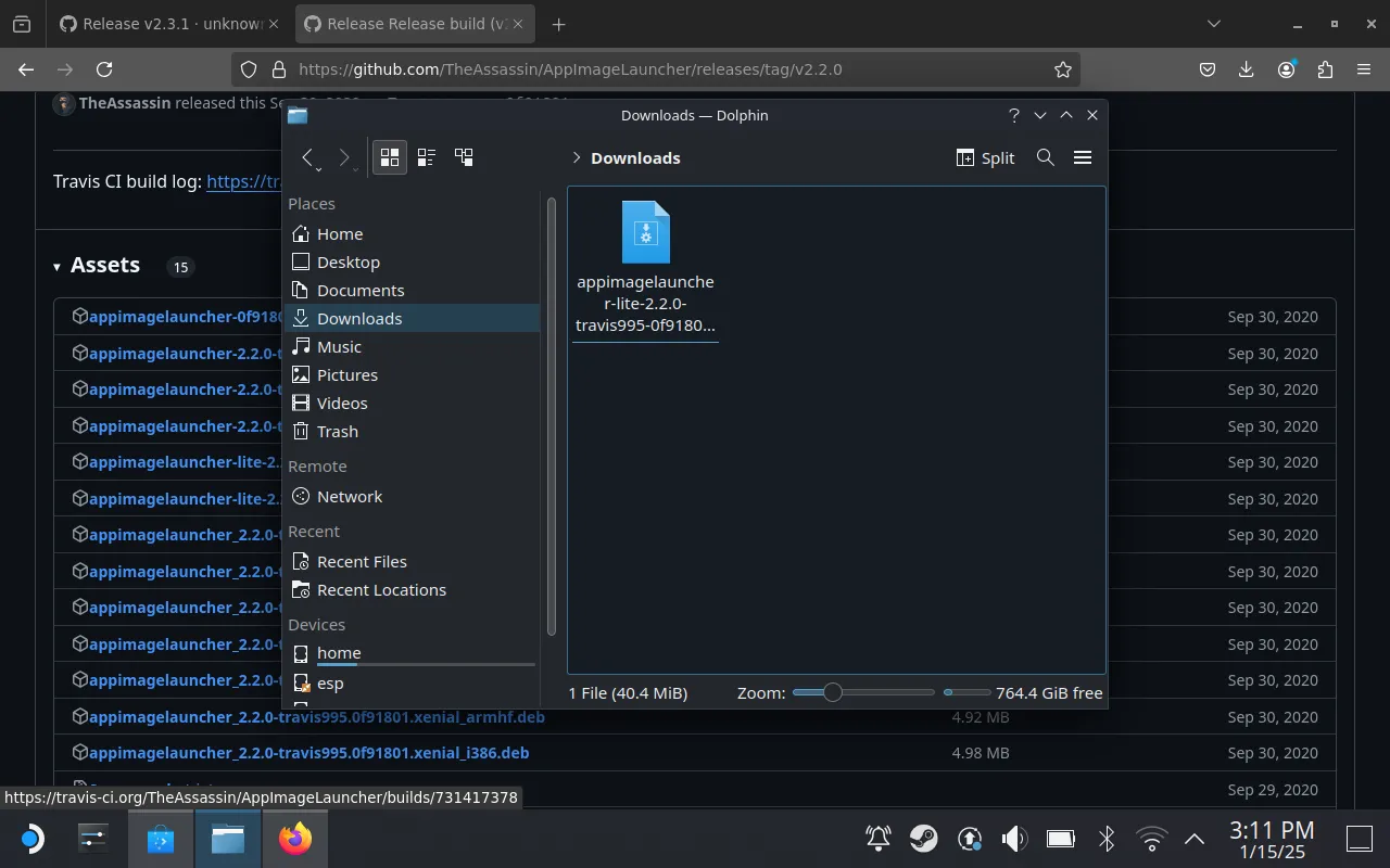 Quá trình tải xuống AppImageLauncher trên SteamOS, hiển thị thư mục Downloads
