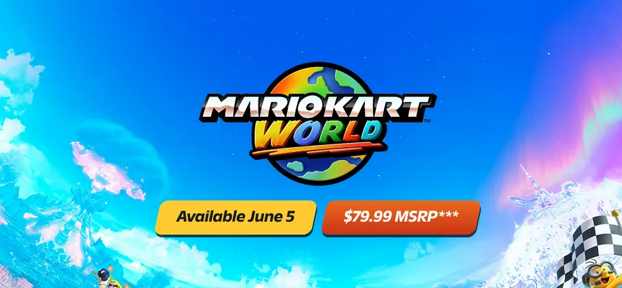 Quảng cáo game Mario Kart World cho Nintendo Switch 2, hiển thị giá 79.99 USD và ngày ra mắt 5 tháng 6.