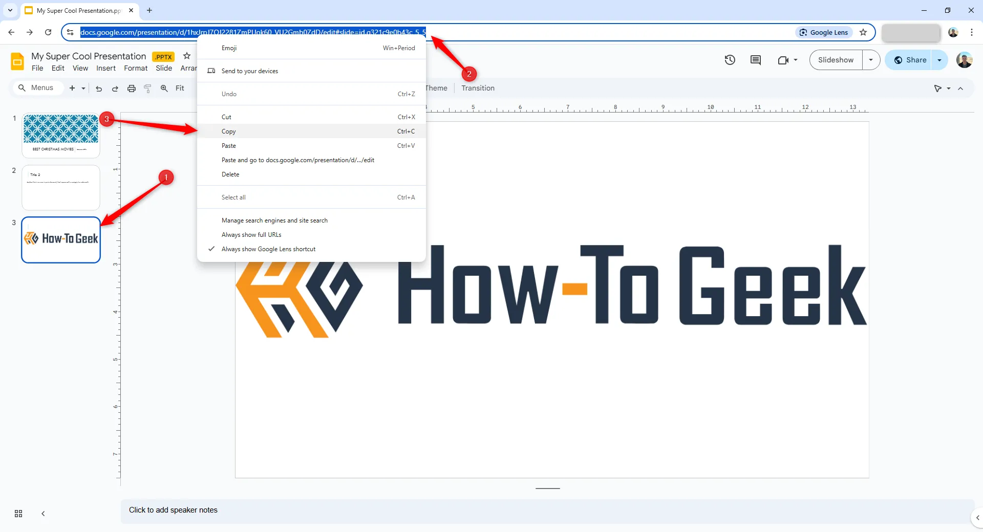 Sao chép URL của một slide cụ thể từ thanh địa chỉ trong Google Slides