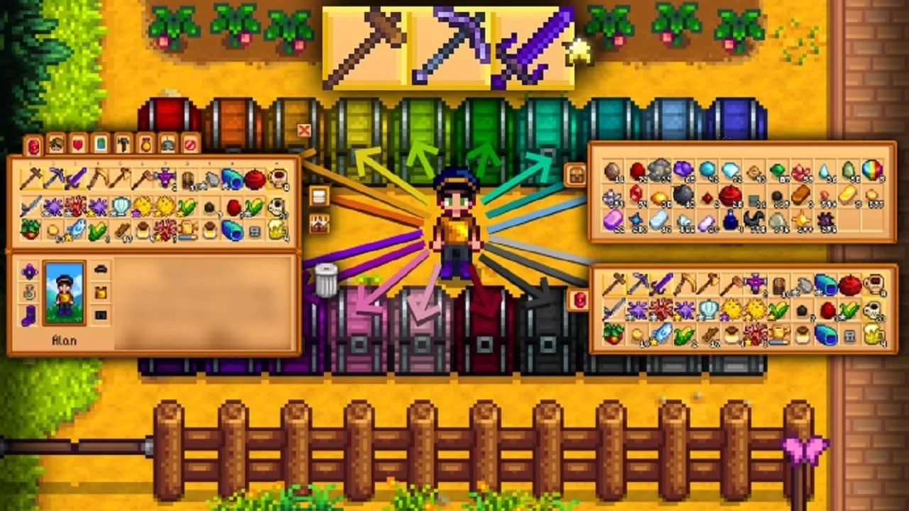 Sơ đồ minh họa nông dân Stardew Valley sắp xếp nhiều vật phẩm vào nhiều rương cùng lúc, thể hiện khả năng quản lý kho đồ hiệu quả của mod Convenient Inventory.