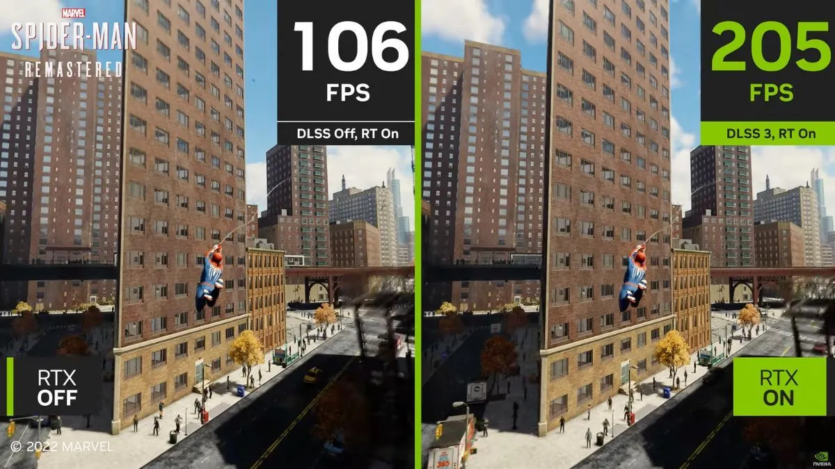 So sánh hiệu suất game Spider-Man Remastered khi bật và tắt DLSS 3.