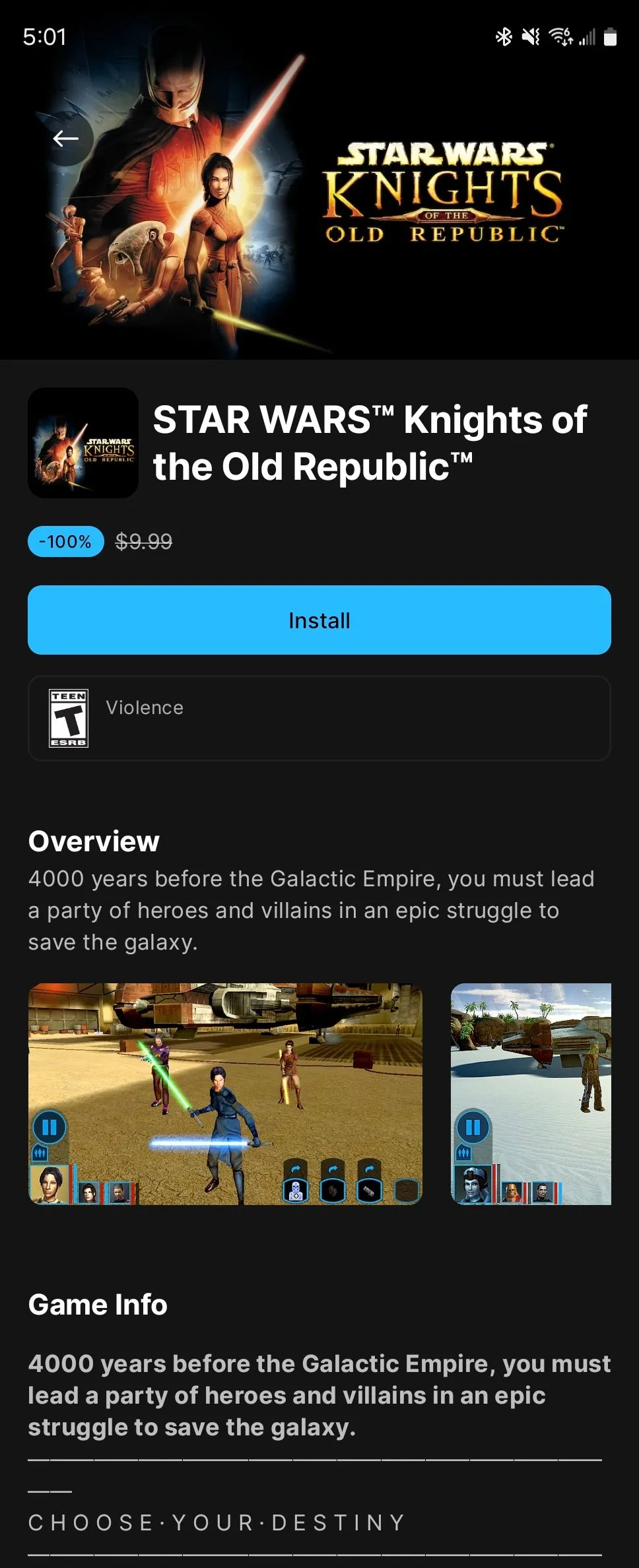 Star Wars Knights of the Old Republic hiển thị là game miễn phí trên Epic Games Store Android.