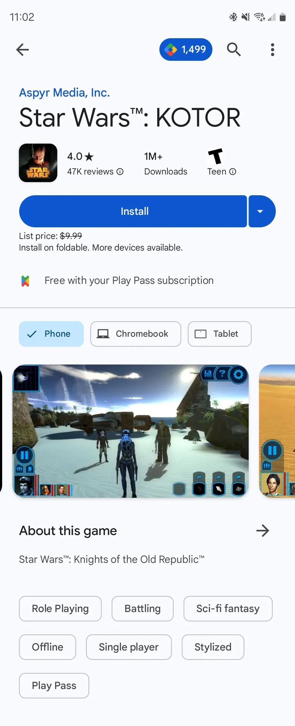 Star Wars KOTOR trên Google Play, cho thấy game nhập vai kinh điển có mặt trên nền tảng Android.