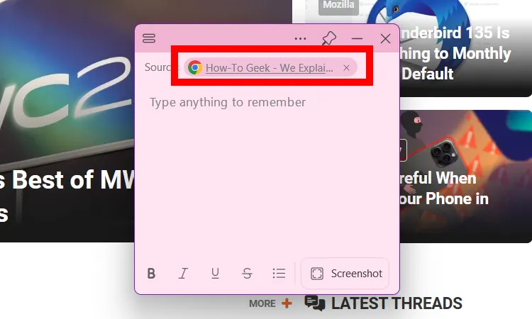 Sticky Notes tự động lưu lại liên kết nguồn từ trang web đang mở trên Windows 11