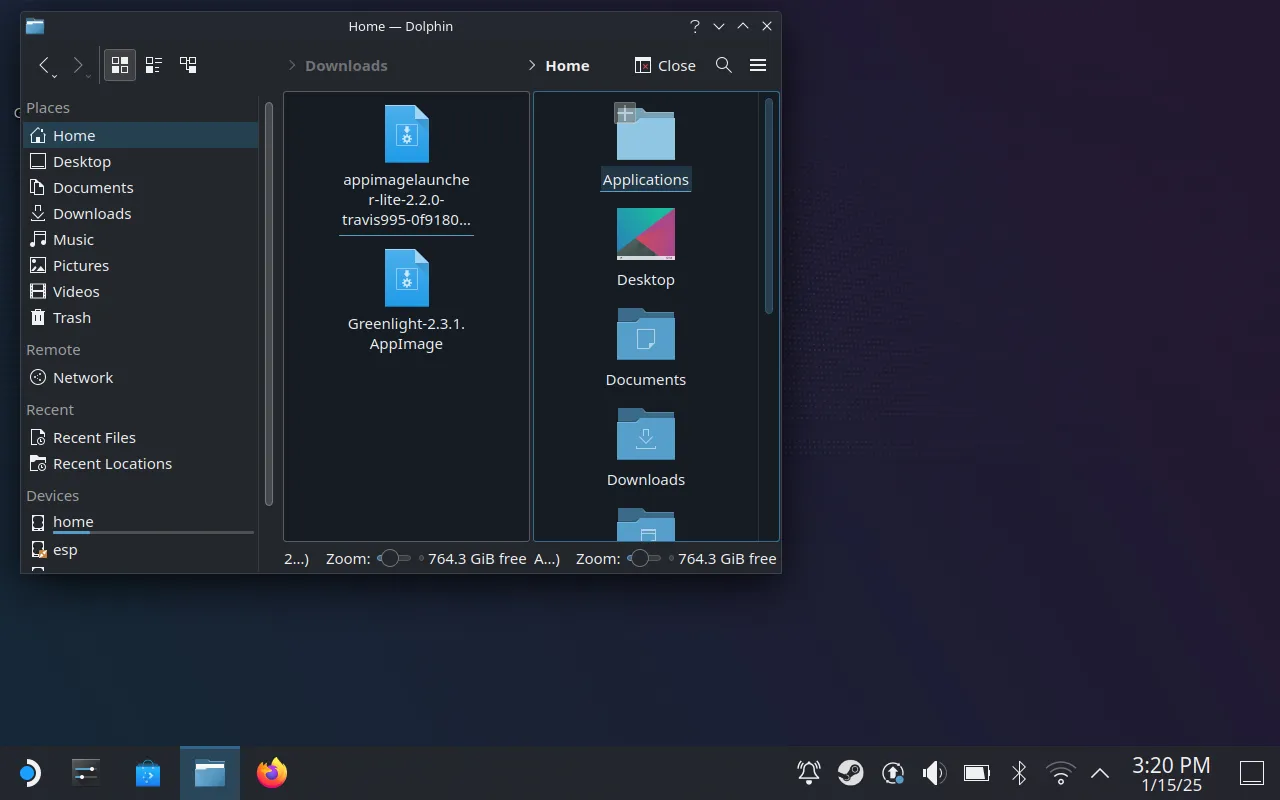 Sử dụng chế độ Chia đôi màn hình (Split View) trong Dolphin để di chuyển file Greenlight trên SteamOS