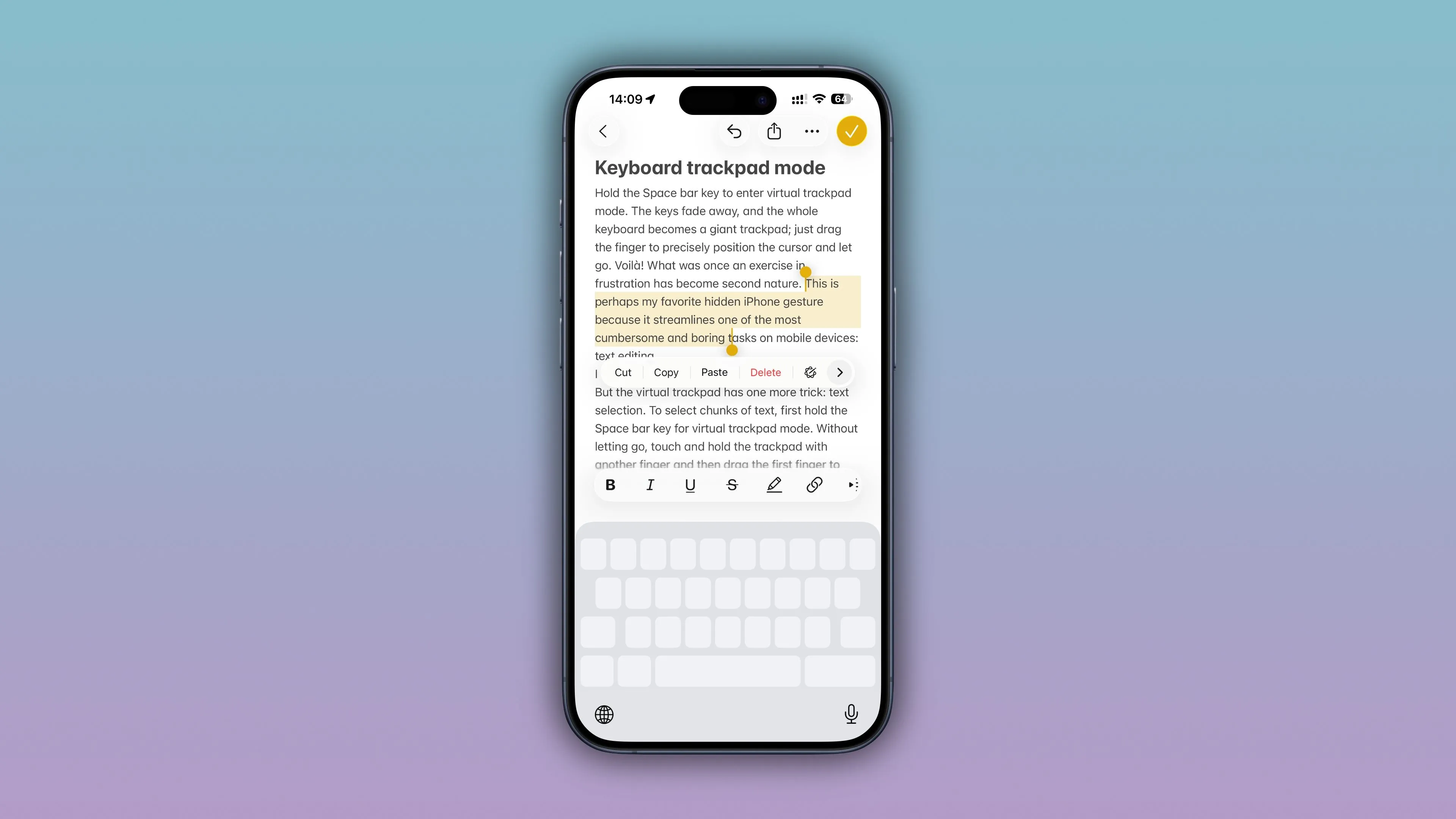 Sử dụng chế độ Trackpad trên iPhone để chọn nhanh văn bản trong ứng dụng Ghi chú