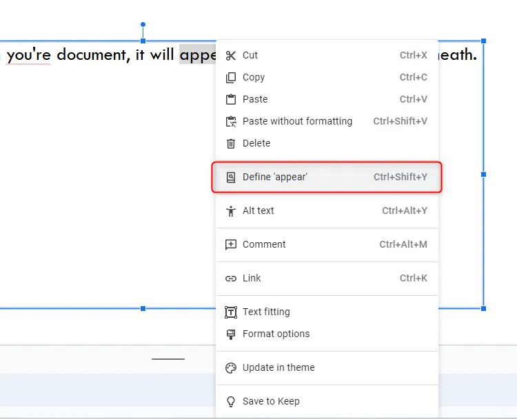 Sử dụng tính năng định nghĩa từ và từ điển tích hợp trong Google Slides